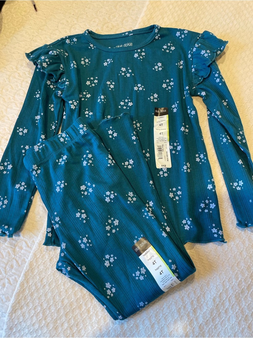 okie dokie Teal Floral Ruffle Long Sleeve Top & Leggings Set